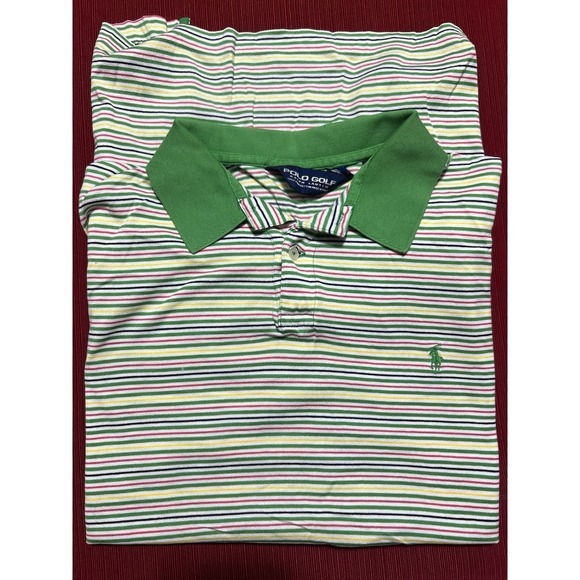 Polo‎ Golf Ralph Lauren Yellow GreenStriped Shirt Green Pony Sz Large - Picture 1 of 9